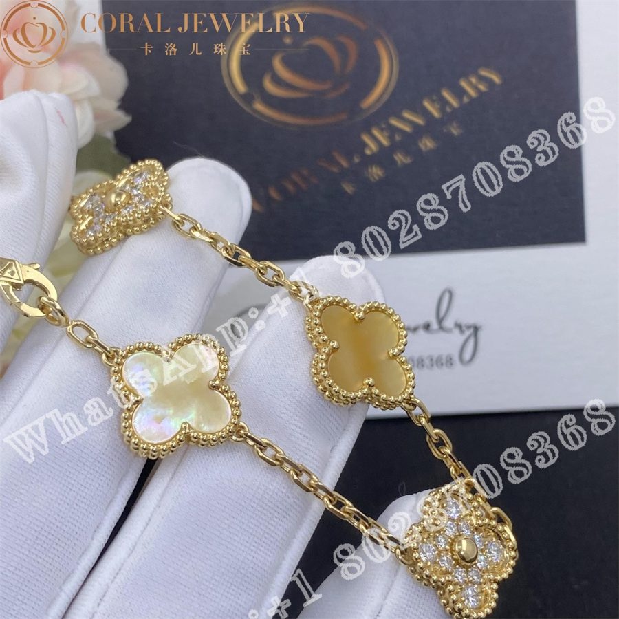 Van Cleef & Arpels Vintage Alhambra bracelet, 5 motifs 18K Yellow gold, Diamond, Golden mother-of-pearl - Image 3