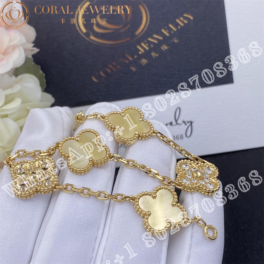 Van Cleef & Arpels Vintage Alhambra bracelet, 5 motifs 18K Yellow gold, Diamond, Golden mother-of-pearl - Image 4