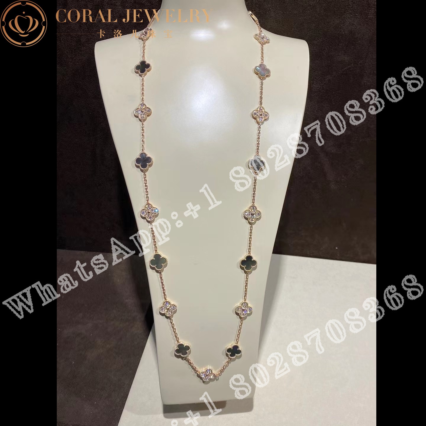 Van Cleef Arpels Vintage Alhambra Long Necklace 20 Motifs 18k Rose Gold Diamond Mother Of Pearl Vcarp2r000 Coral (1)