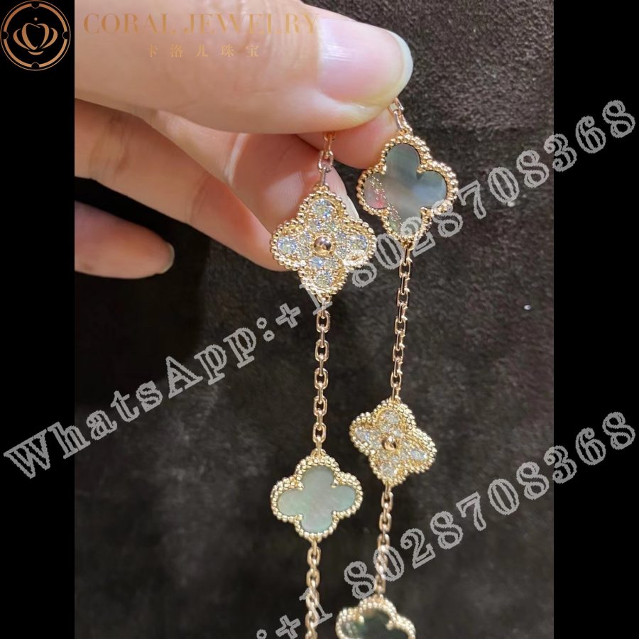 Van Cleef & Arpels Vintage Alhambra long necklace, 20 motifs 18K rose gold, Diamond, Mother-of-pearl VCARP2R000 - Image 7