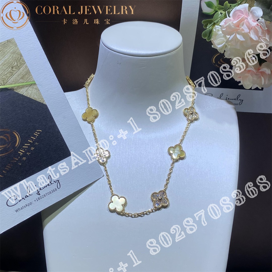 Van cleef arpels vintage alhambra necklace 10 motifs 18k yellow gold golden mother of pearl coral (8)