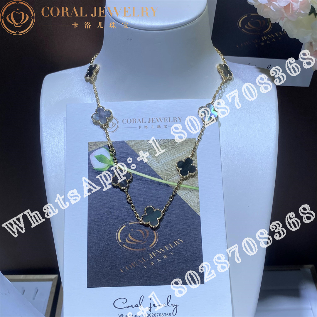 Van cleef arpels vintage alhambra necklace 10 motifs 18k yellow gold grey mother of pearl coral (9)