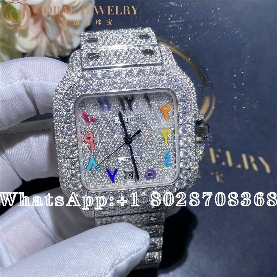 Cartier Santos 41mm Moissanite Diamond Watch 20ct Colored Arabic numerals - Image 4