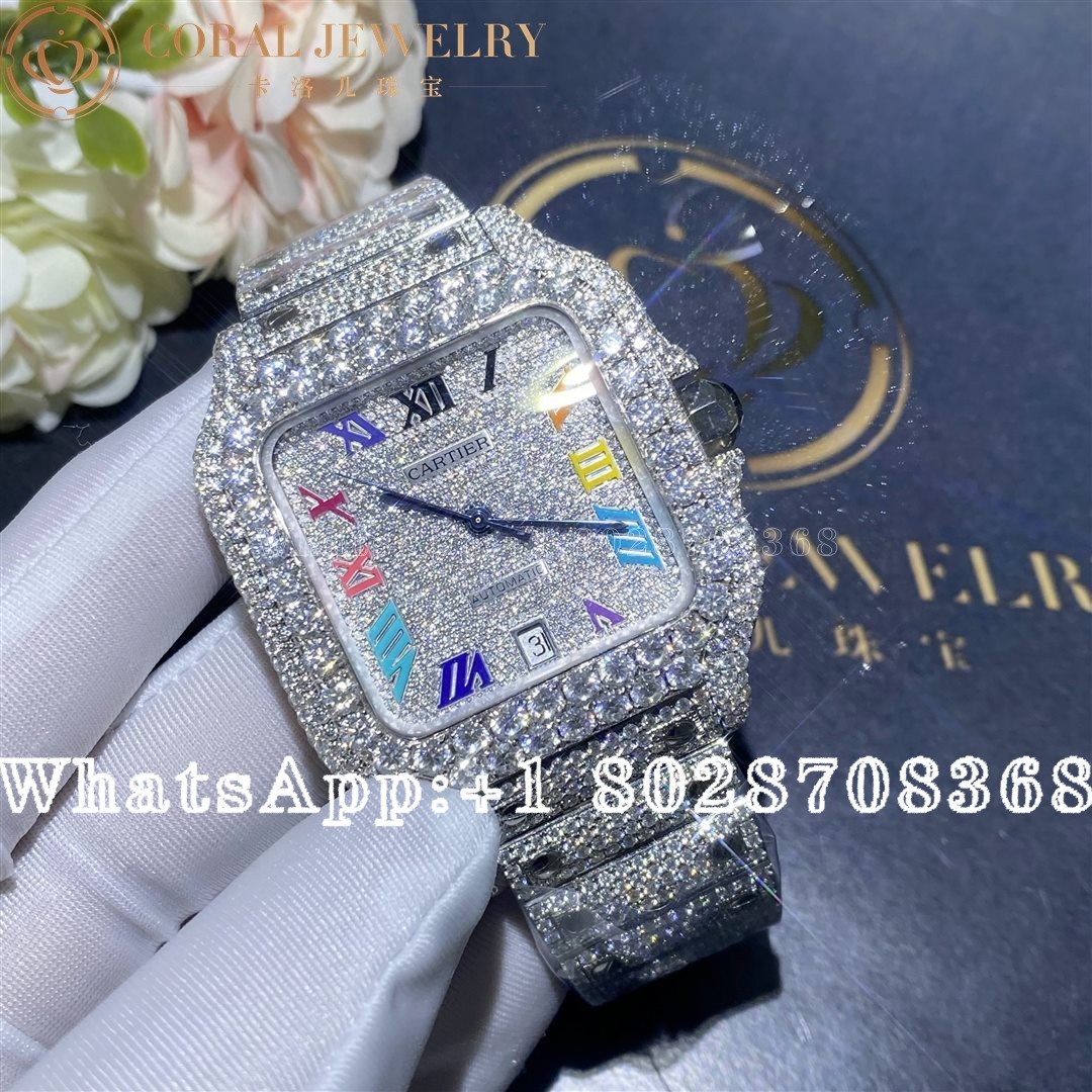 Cartier Santos 41mm Moissanite Diamond Watch 20ct Colored Roman Numerals Coral (1)