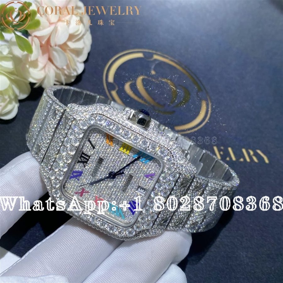 Cartier Santos 41mm Moissanite Diamond Watch 20ct Colored Roman numerals - Image 6