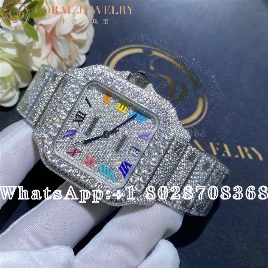 Cartier Santos 41mm Moissanite Diamond Watch 20ct Colored Roman numerals - Image 5