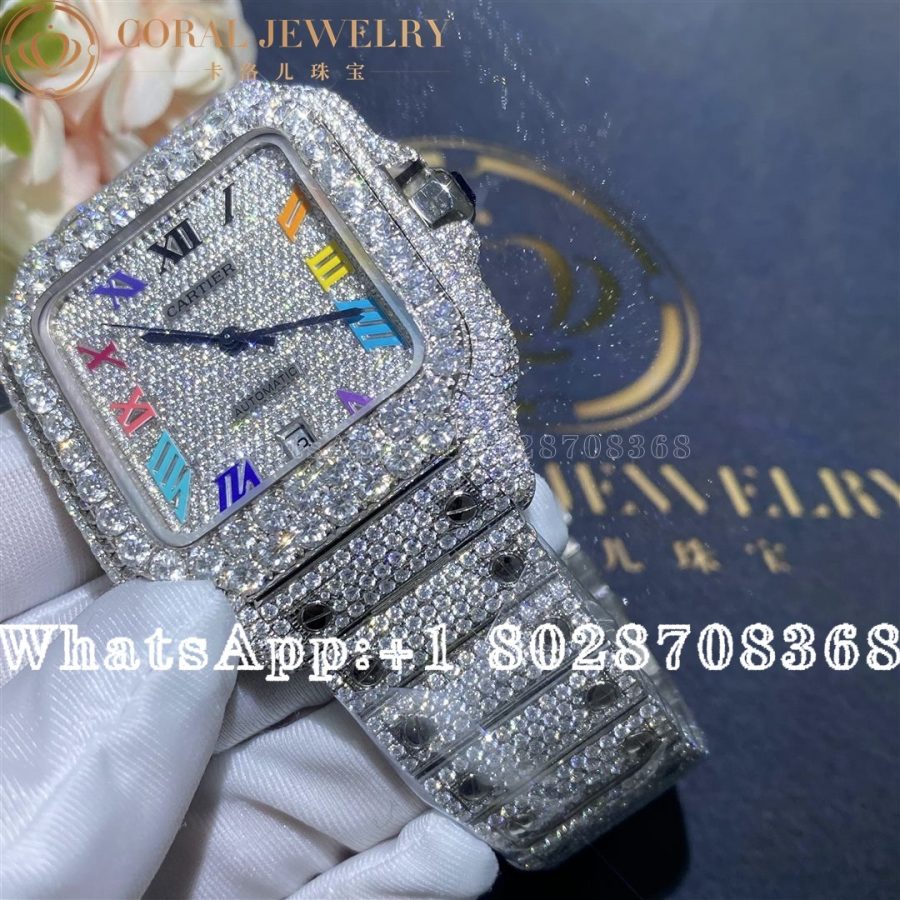 Cartier Santos 41mm Moissanite Diamond Watch 20ct Colored Roman numerals - Image 4