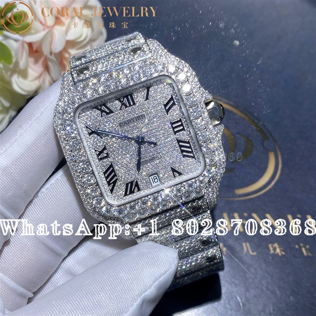 Cartier Santos 41mm Moissanite Diamond Watch 20ct Coral (1)