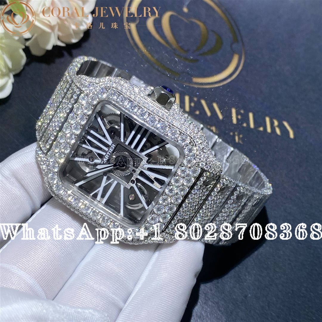 Cartier Santos Skeleton 41mm Moissanite Diamond Watch 20ct Coral (2)