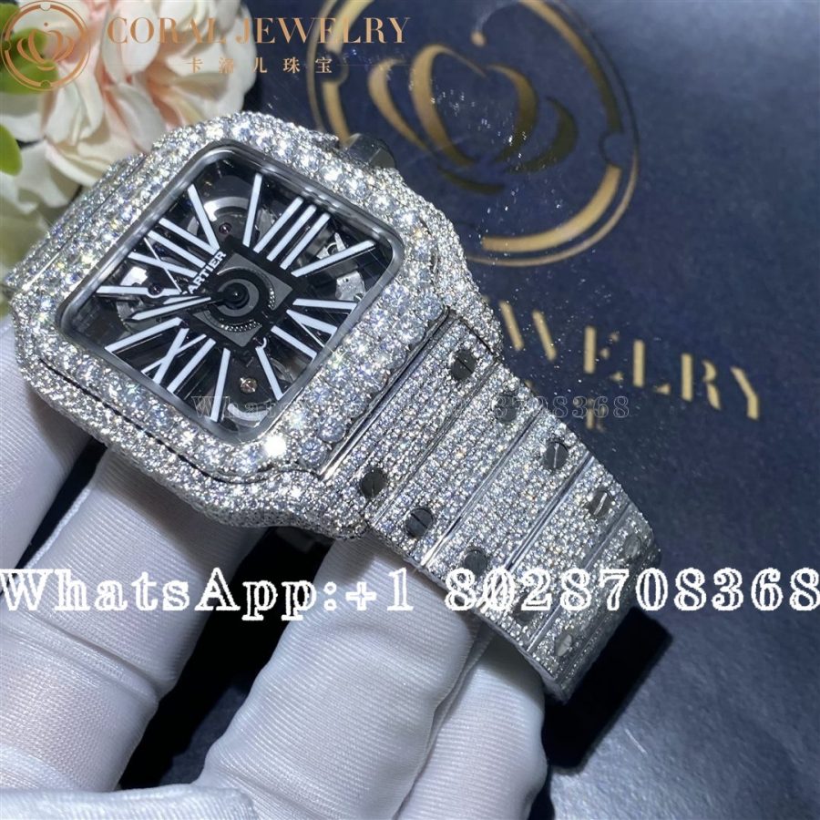Cartier Santos Skeleton 41mm Moissanite Diamond Watch 20ct - Image 4