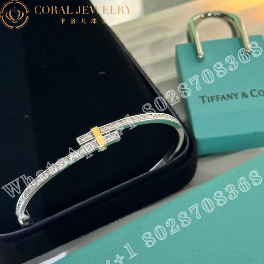 Tiffany Edge Hinged Bypass Bangle in Platinum and Yellow Gold with Diamonds - Image 4