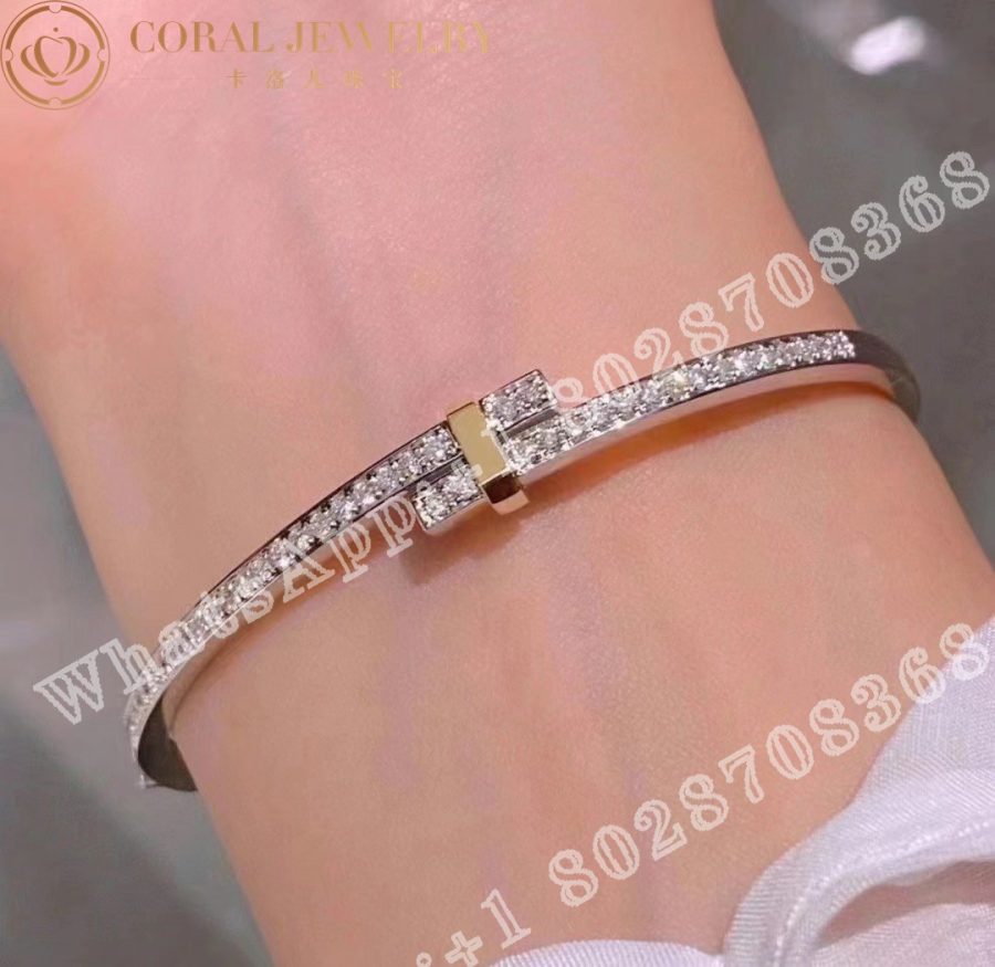Tiffany Edge Hinged Bypass Bangle in Platinum and Yellow Gold with Diamonds - Image 6