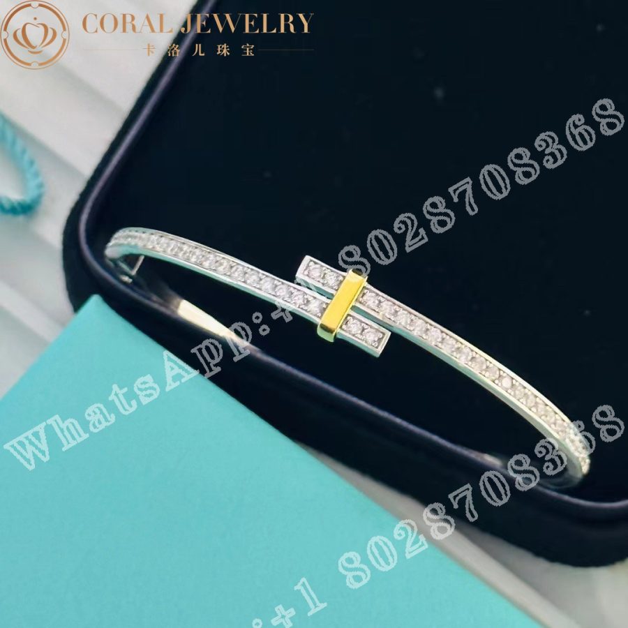 Tiffany Edge Hinged Bypass Bangle in Platinum and Yellow Gold with Diamonds - Image 3