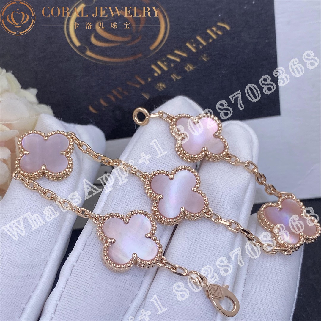 Van Cleef Arpels Vintage Alhambra 5 Motif 18k Rose Gold Pink Mother Of Pearl Bracelet Coral (1)
