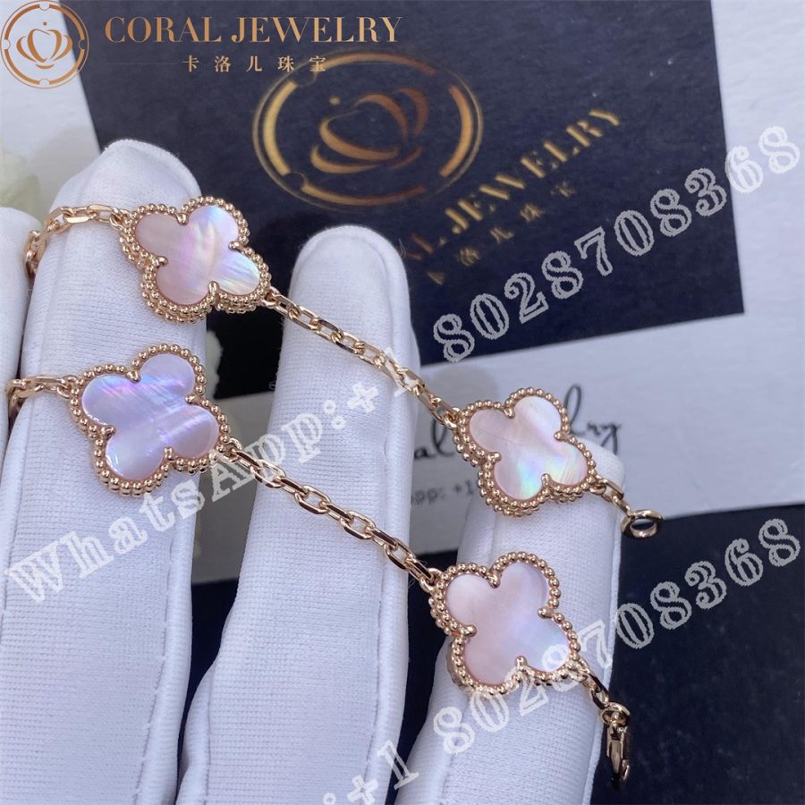Van Cleef & Arpels Vintage Alhambra 5 Motif 18k Rose Gold Pink Mother of pearl Bracelet - Image 4