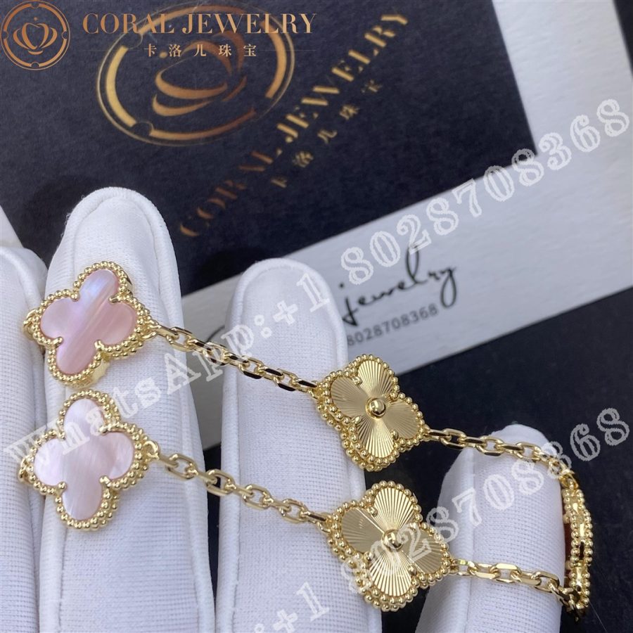 Van Cleef & Arpels Vintage Alhambra bracelet, 5 motifs Yellow gold Guilloché and Pink mother of pearl - Image 3
