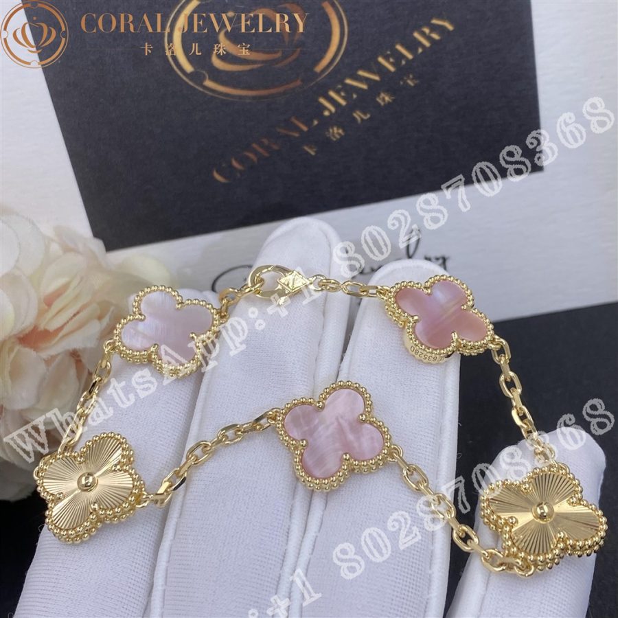 Van Cleef & Arpels Vintage Alhambra bracelet, 5 motifs Yellow gold Guilloché and Pink mother of pearl - Image 4