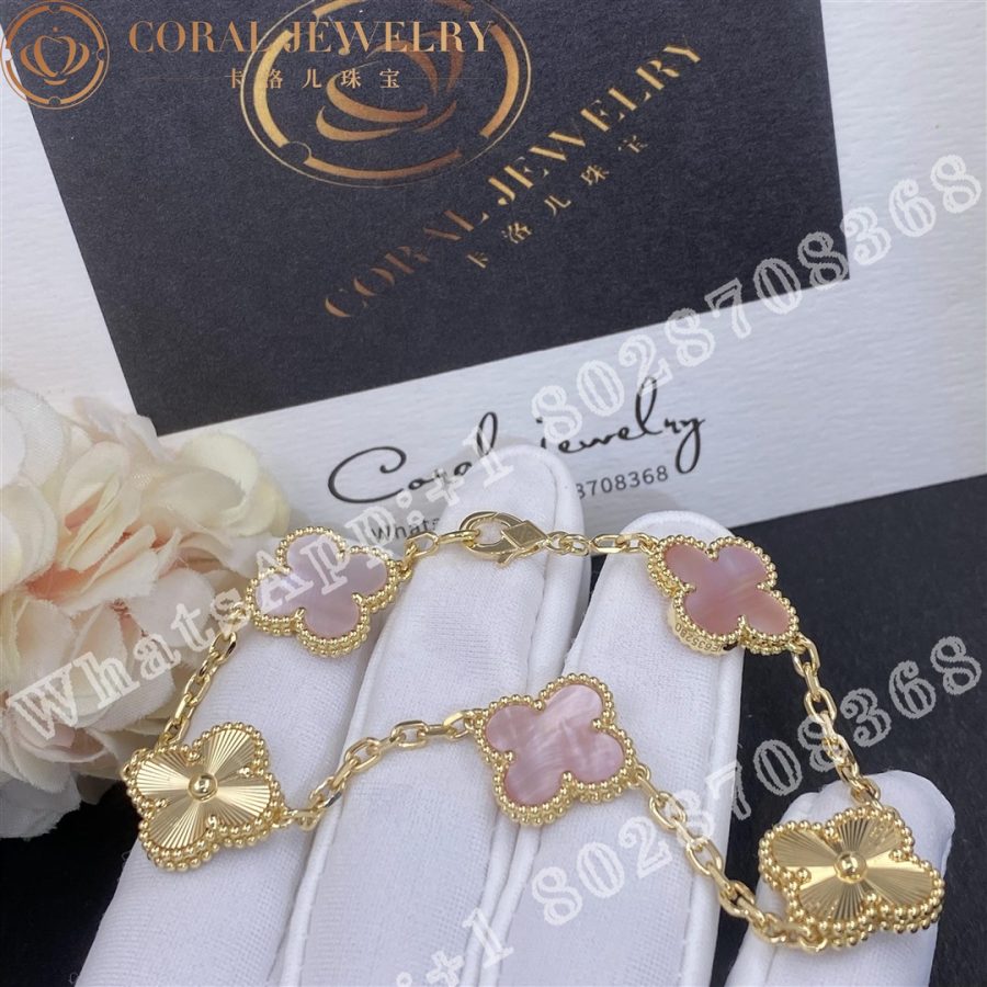 Van Cleef & Arpels Vintage Alhambra bracelet, 5 motifs Yellow gold Guilloché and Pink mother of pearl - Image 5