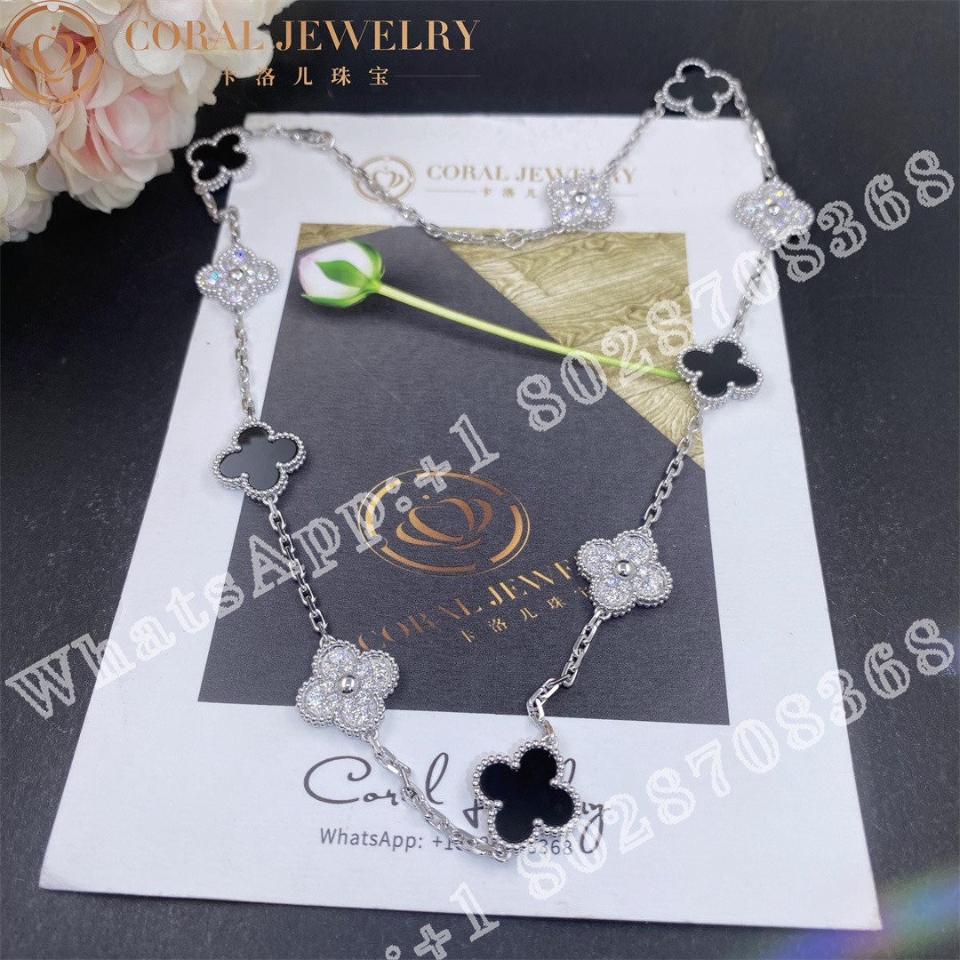 Van Cleef & Arpels Vintage Alhambra necklace, 10 motifs White gold, Diamond, Onyx - Image 4