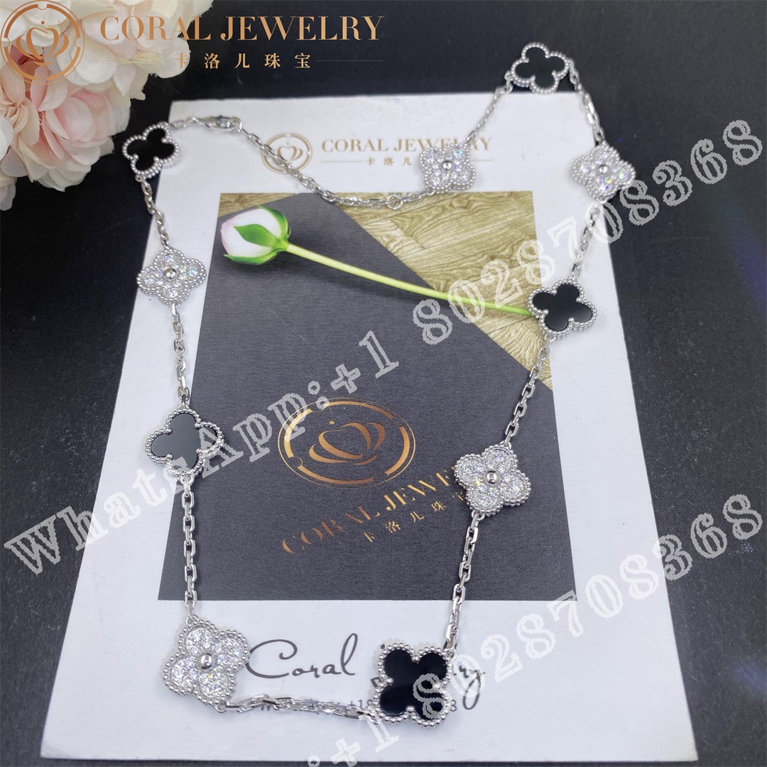 Van Cleef & Arpels Vintage Alhambra necklace, 10 motifs White gold, Diamond, Onyx - Image 5