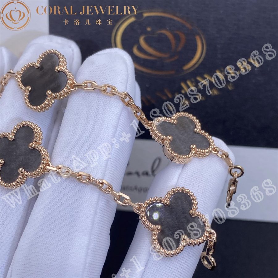 Van Cleef & Arpels Vintage Alhambra bracelet, 5 motifs Rose gold, Silver Obsidian - Image 5