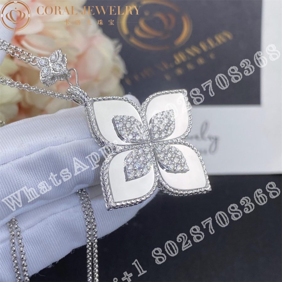 Roberto Coin White Gold Diamond Princess Flower White Gold Necklace - 3.5cm - Image 4