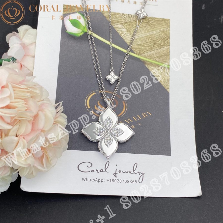 Roberto Coin White Gold Diamond Princess Flower White Gold Necklace - 3.5cm - Image 8